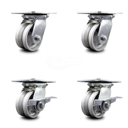Service Caster 4 Inch V Groove Semi Steel Swivel Caster Set with Roller Bearings 2 Brakes SCC SCC-35S420-VGR-2-SLB-2